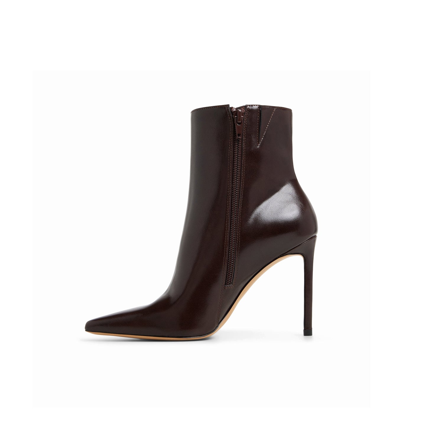 Dark Brown Snip-Toe Sleek Full-Zip Ankle Stiletto Boots