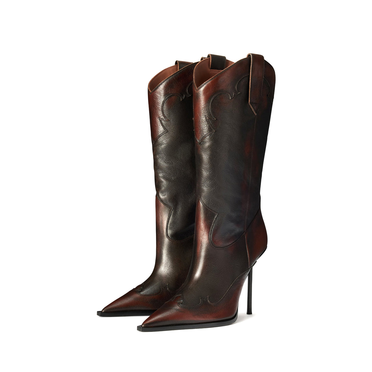 Dark Tan Pointed-Toe Sleek Slip-On Mid Calf Stiletto Boots