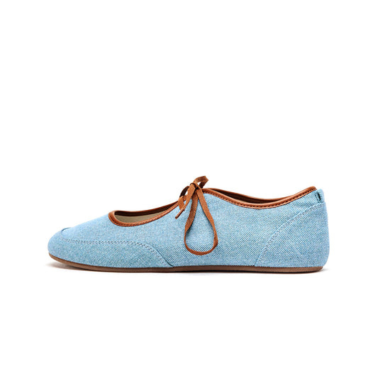 Blue Denim Round-Toe Lace-Up Classic Flats
