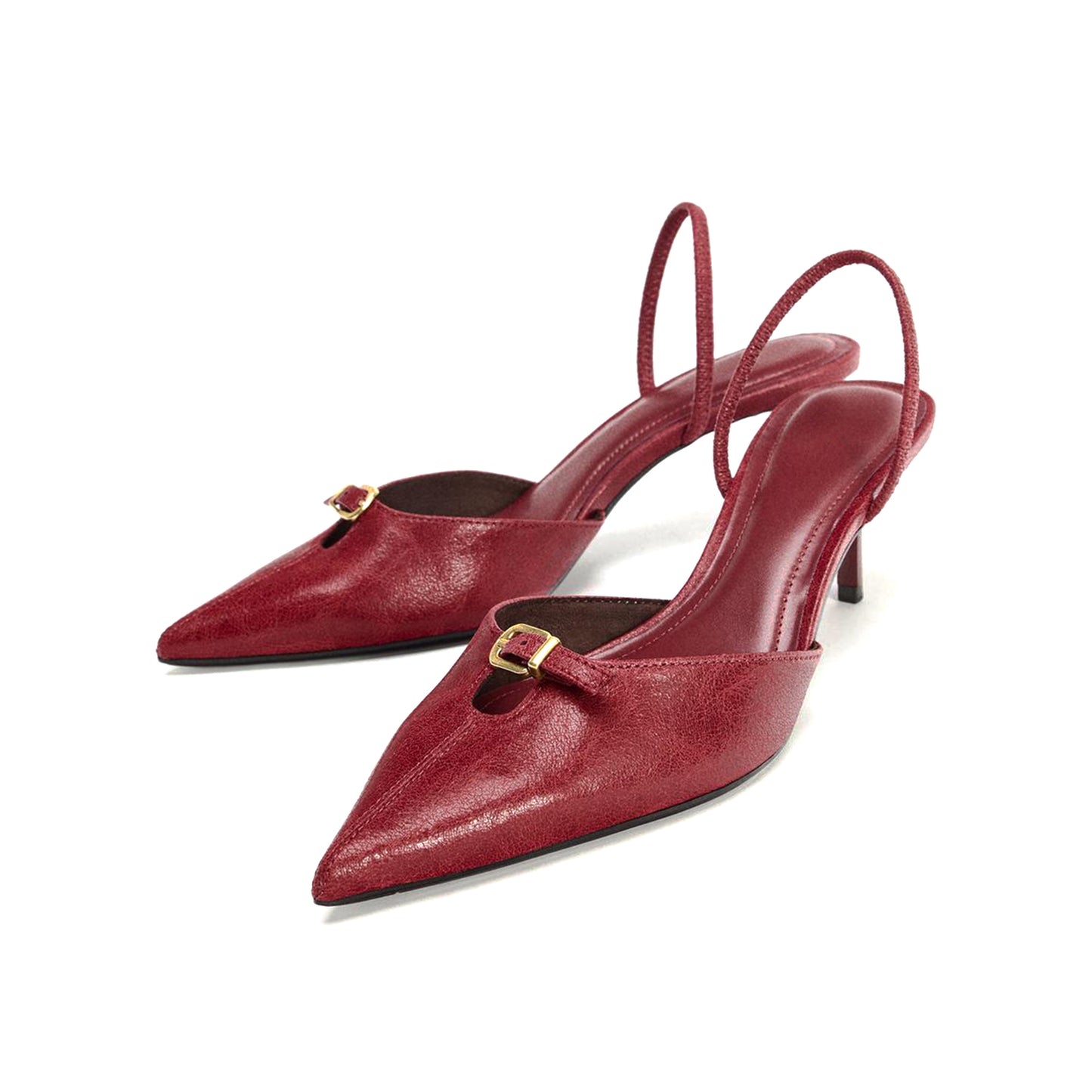 Red Pointed-Toe Front Buckle And Slingback Classic Kitten Heels