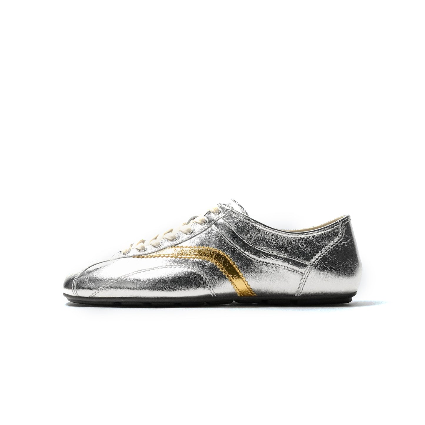 Metallic Silver Square-Toe Lace-Up Classic Sneakers Flats