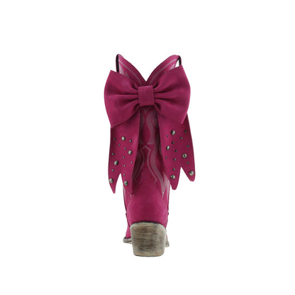 Fuchsia Pointed-Toe Embroidery Back Studded Bow Mid Calf Cowgirl Boots