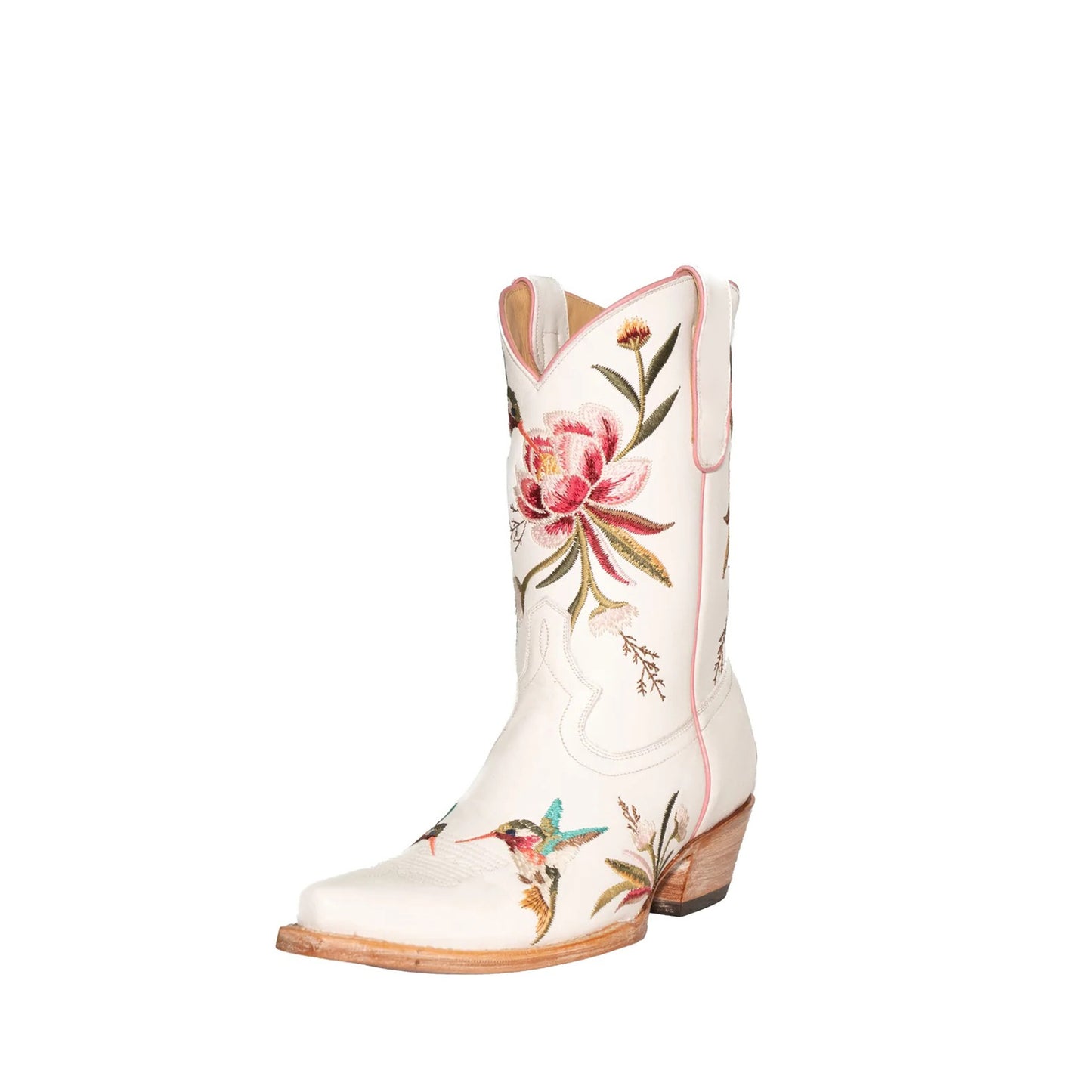 Ivory Snip-Toe Vivid Flowers And Bird Embroidery Ankle Cowgirl Boots
