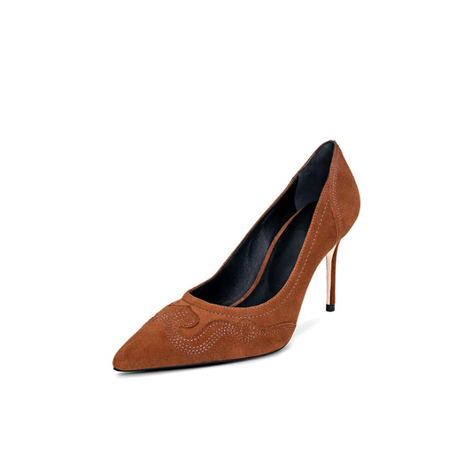 Brown Faux Suede Pointed-Toe Embroidery Classic Backless High Heels