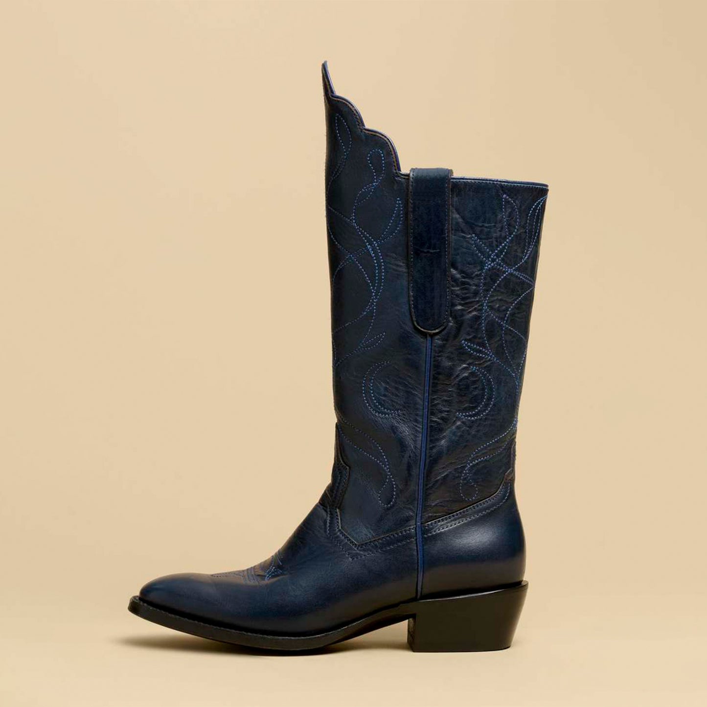 Blue Round-Toe Classic Embroidery Mid Calf Cowgirl Boots For Women