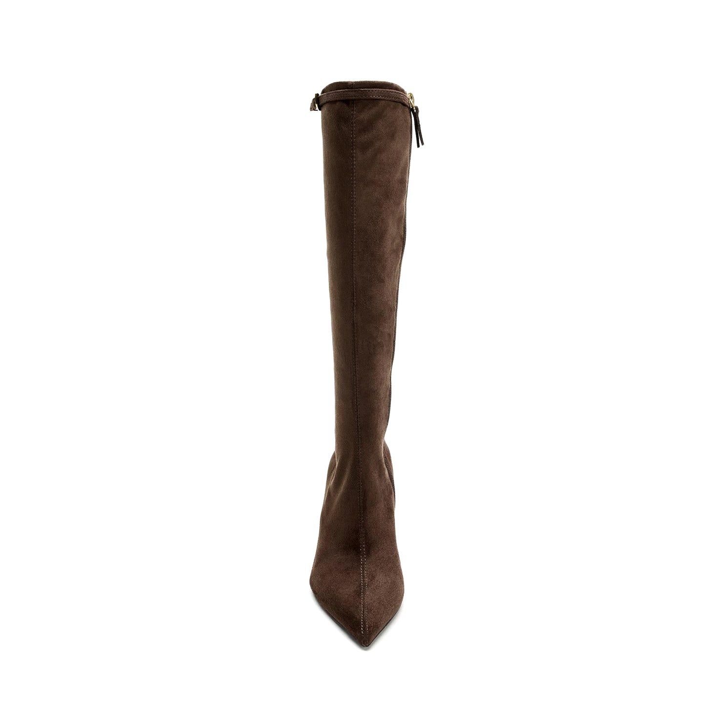 Chocolate Faux Suede Pointed-Toe Top Buckle Strap Full-Zip Knee High Stiletto Boots