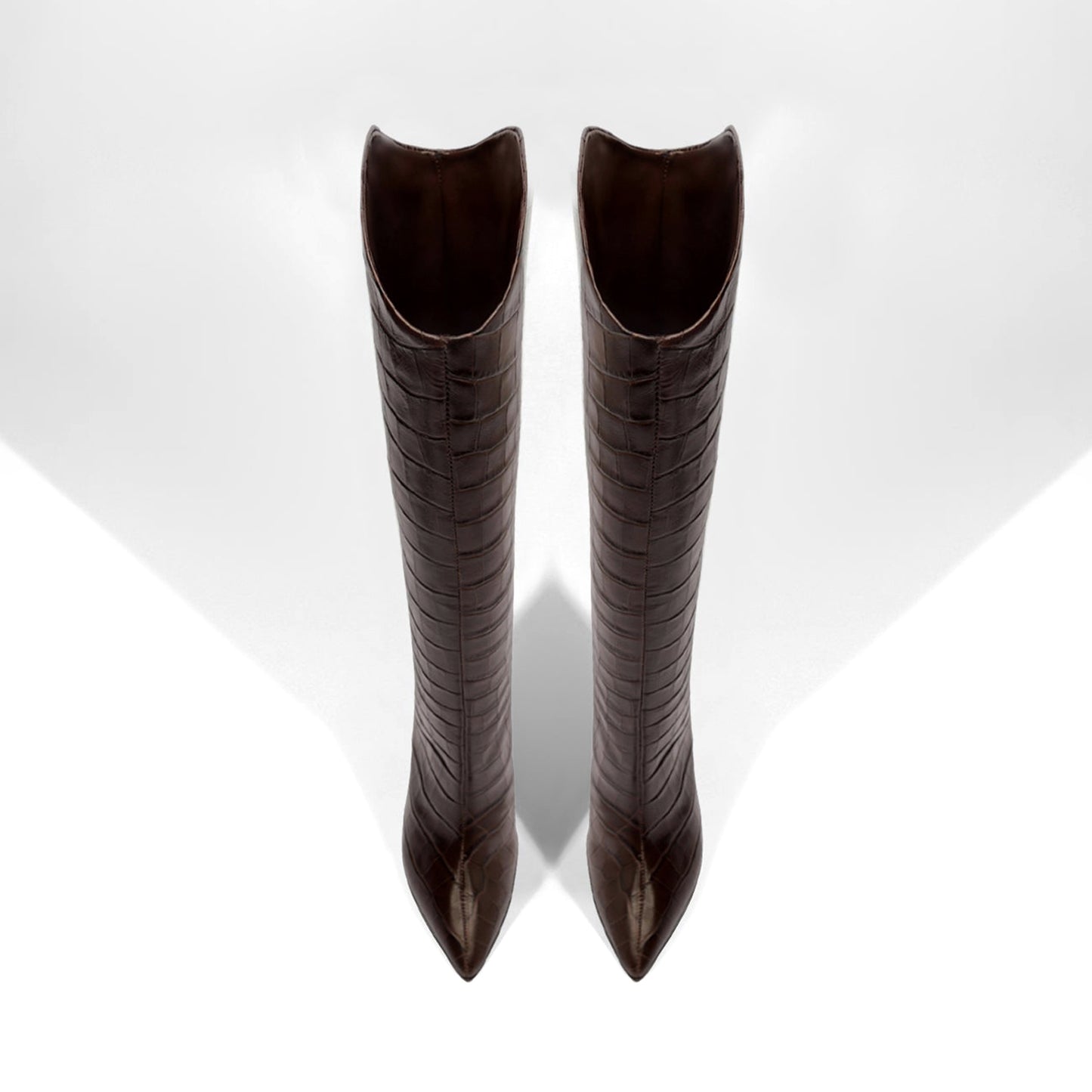Chocolate Crocodile Print Pointed-Toe Simple Wide Calf Knee High Stiletto Boots
