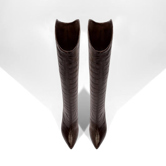 Chocolate Crocodile Print Pointed-Toe Simple Wide Calf Knee High Stiletto Boots