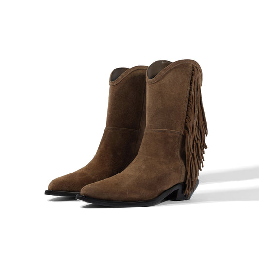 Brown Faux Suede Pointed-Toe Side Fringe Mid Calf Cowgirl Boots