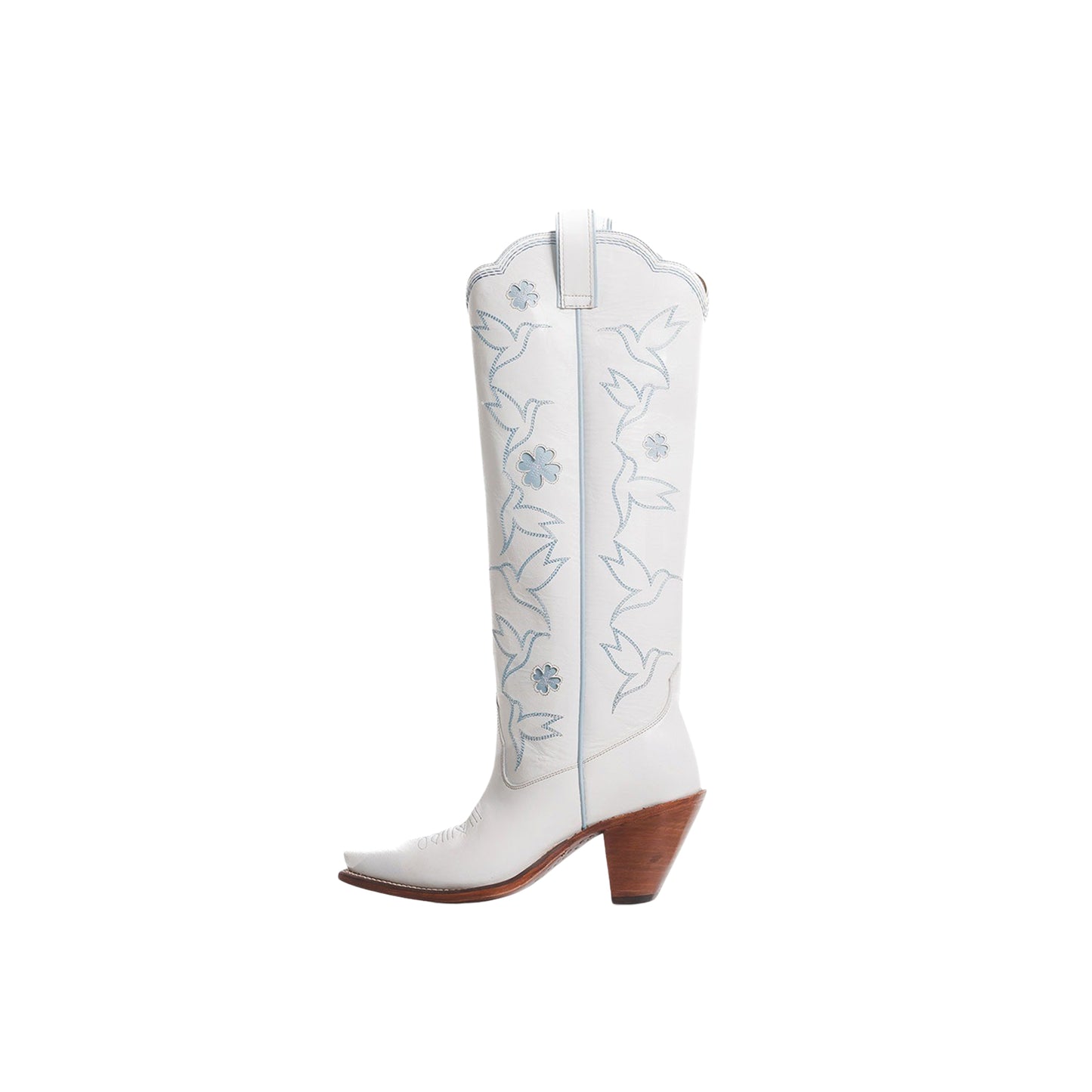 White Snip-Toe Birds Embroidery Flowers Inlay Wide Calf Knee High Cowgirl Boots