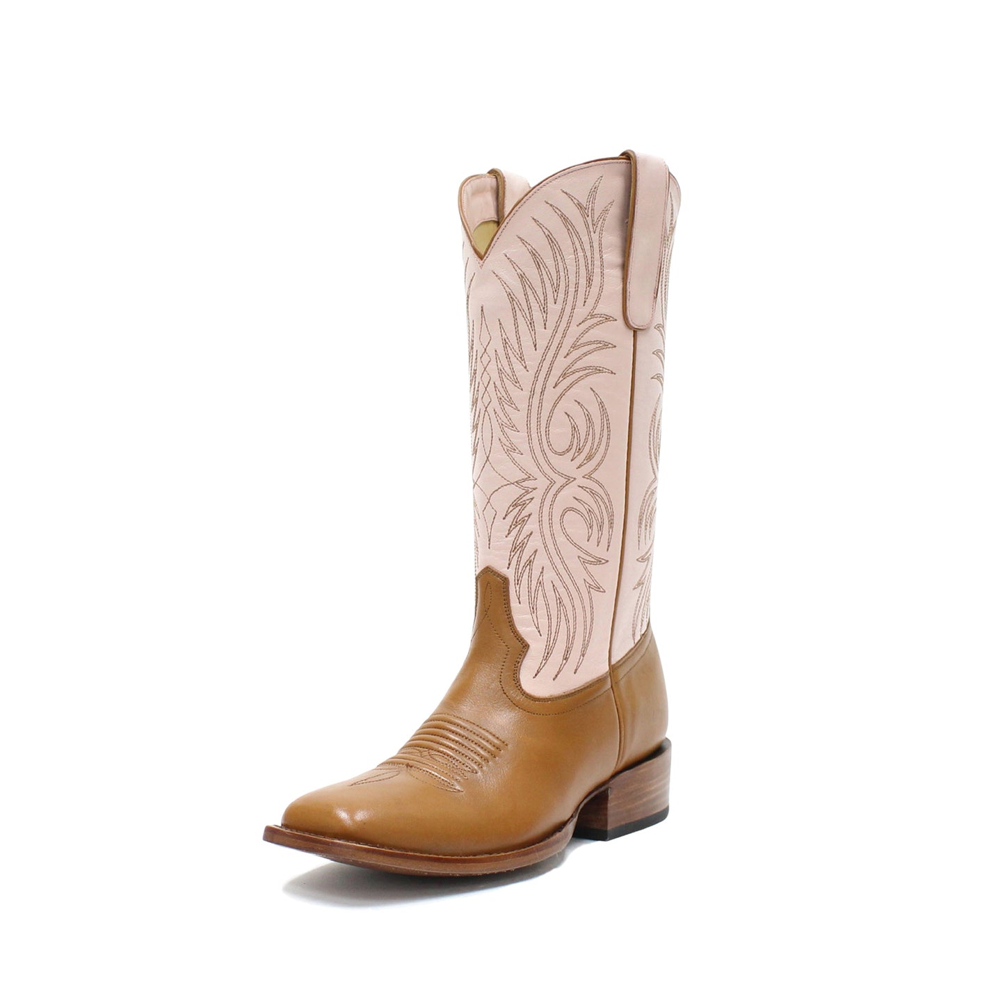 Contrast Ivory And Tan Square-Toe Embroidery Mid Calf Cowgirl Boots
