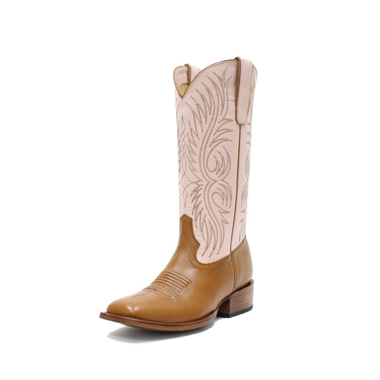 Contrast Ivory And Tan Square-Toe Embroidery Mid Calf Cowgirl Boots