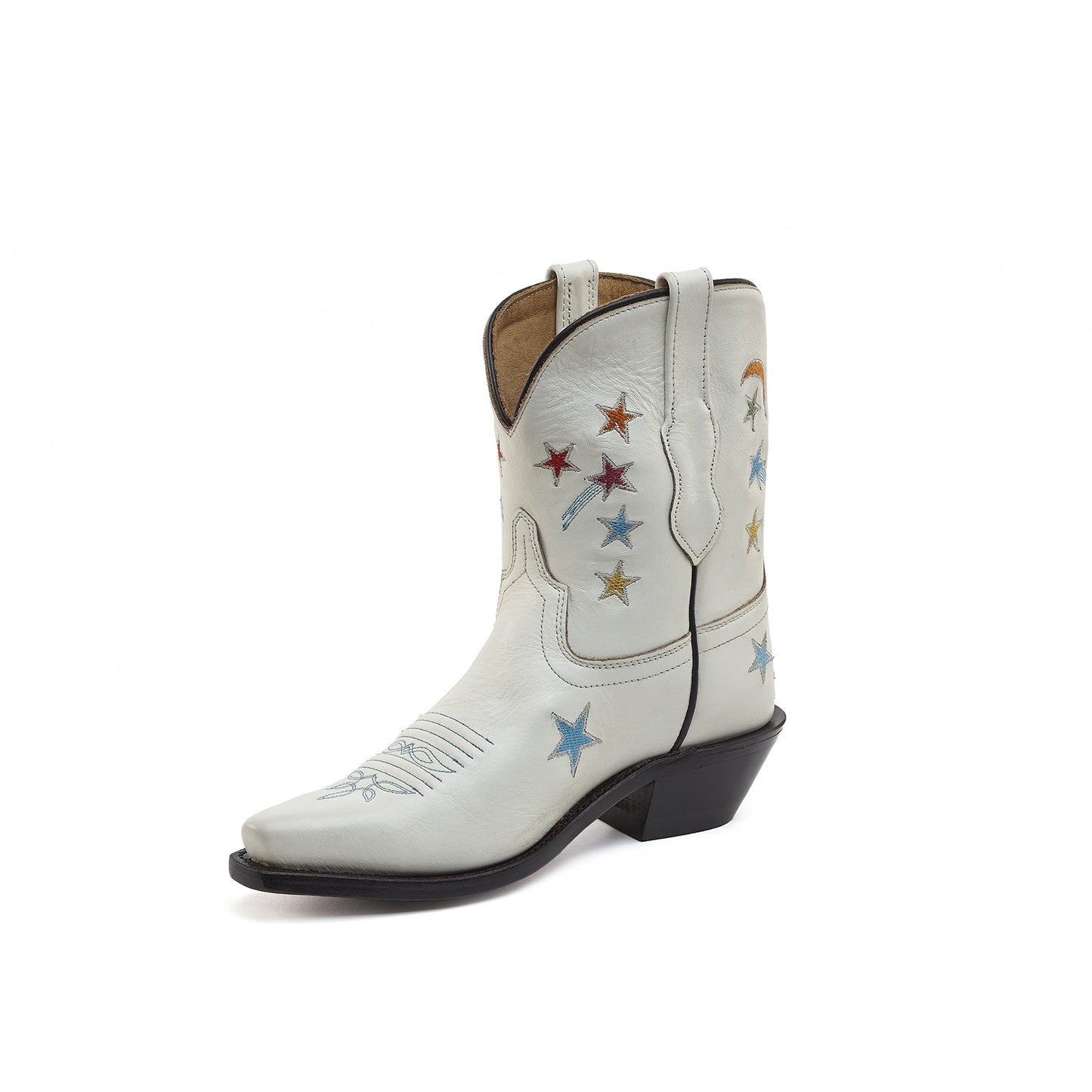 White Snip-Toe Moon Stars Embroidery Ankle Cowgirl Boots