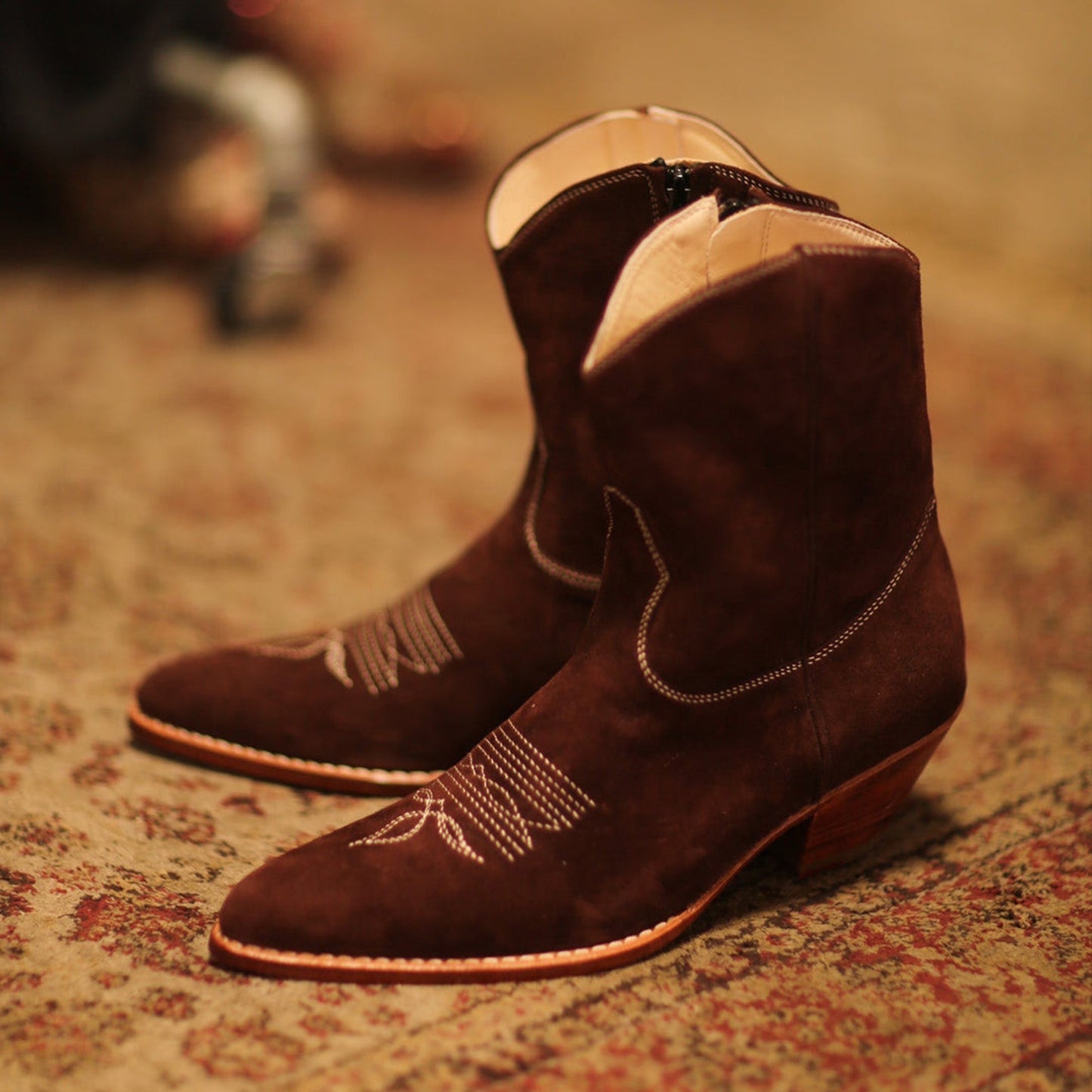 Brown Faux Suede Round-Toe Classic Stitch Full-Zip Ankle Cowgirl Boots