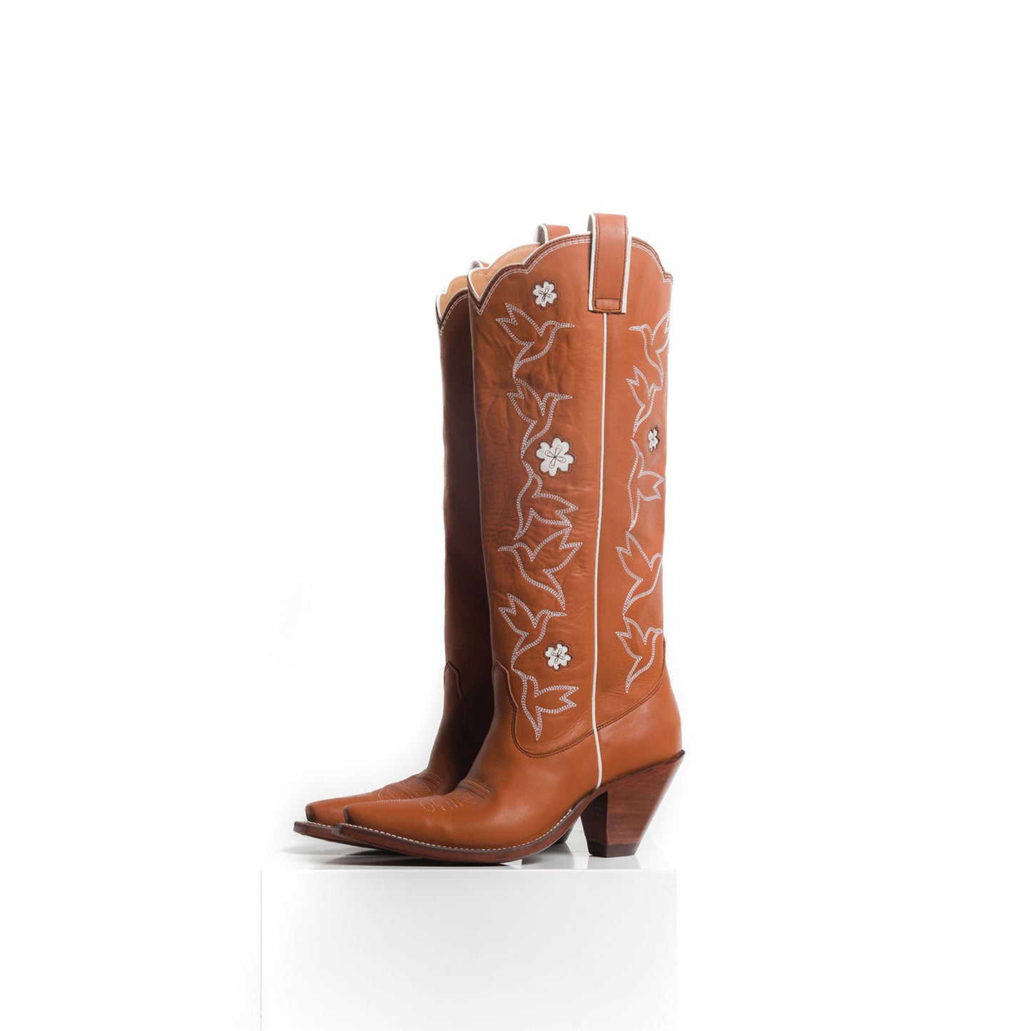 Brick Red Snip-Toe Birds Embroidery Flowers Inlay Wide Calf Knee High Cowgirl Boots