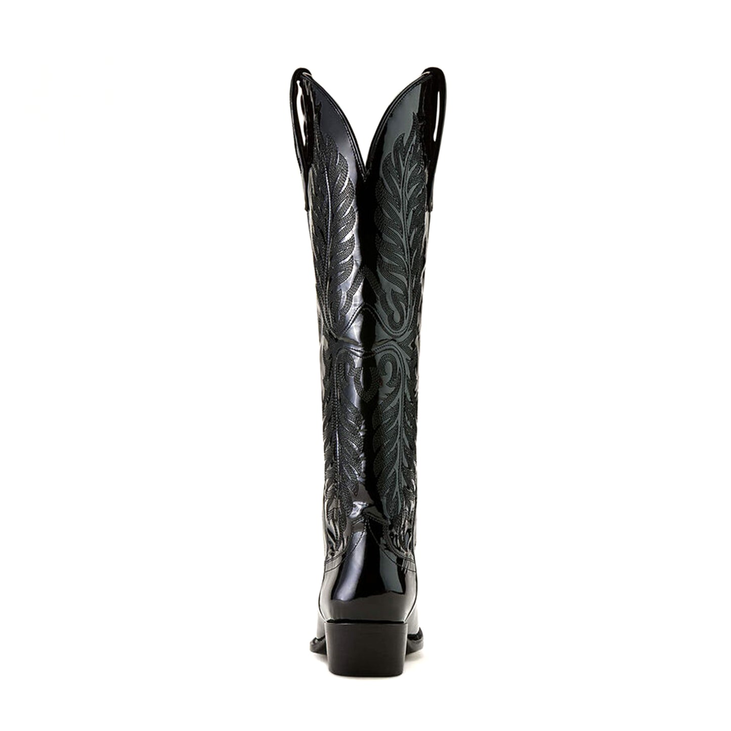 Patent Black Round-Toe Intricate Stitching Wide Calf Knee High Cowgirl Boots