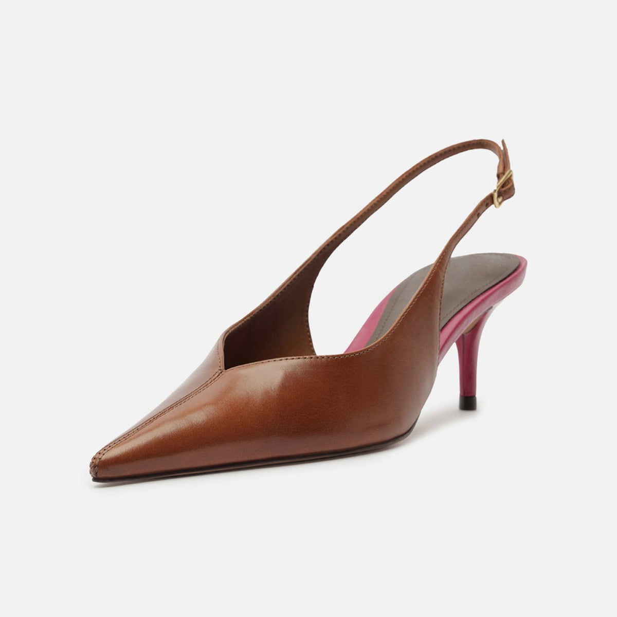 Brown Vegan Leather Pointed-Toe Buckle Back Strap Sleek Kitten Heels
