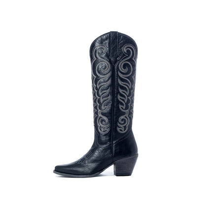 Black Almond-Toe Curled Embroidery Full-Zip Knee High Cowgirl Boots