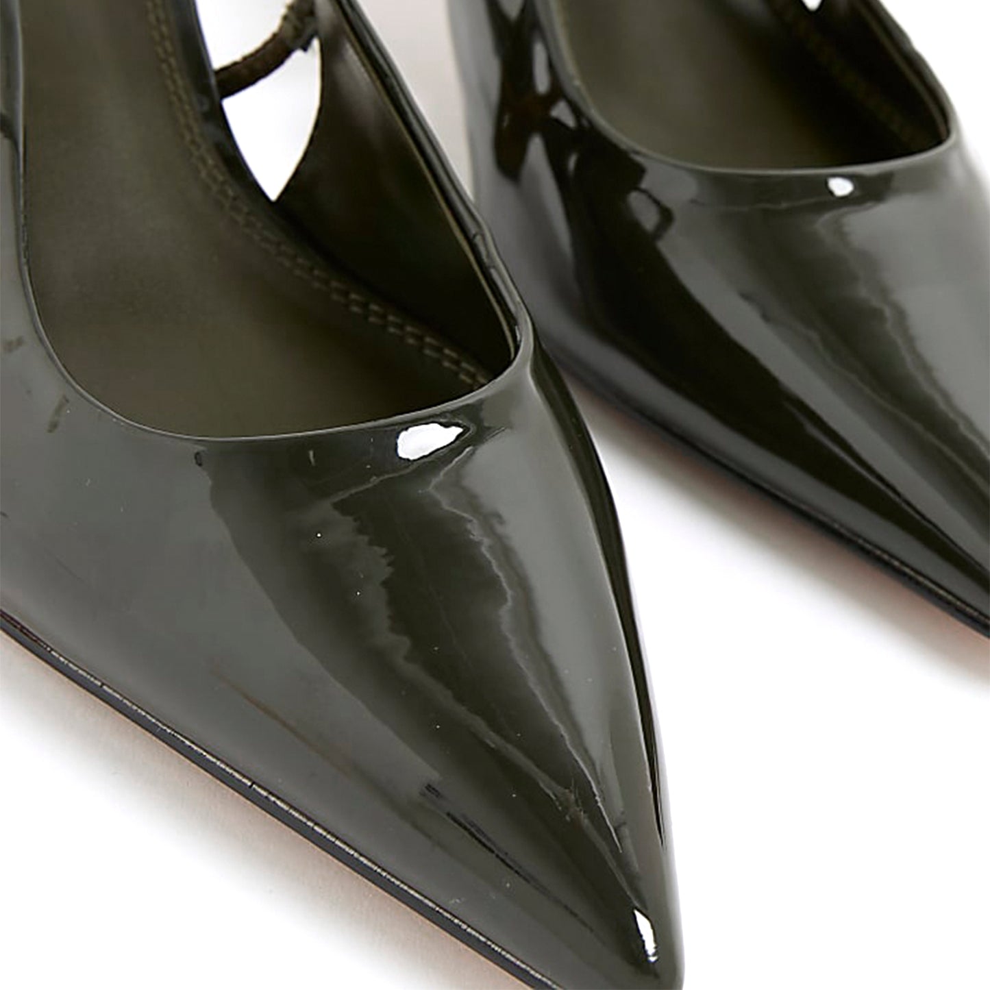 Patent Khaki Pointed-Toe Strappy Slingback Kitten Heels
