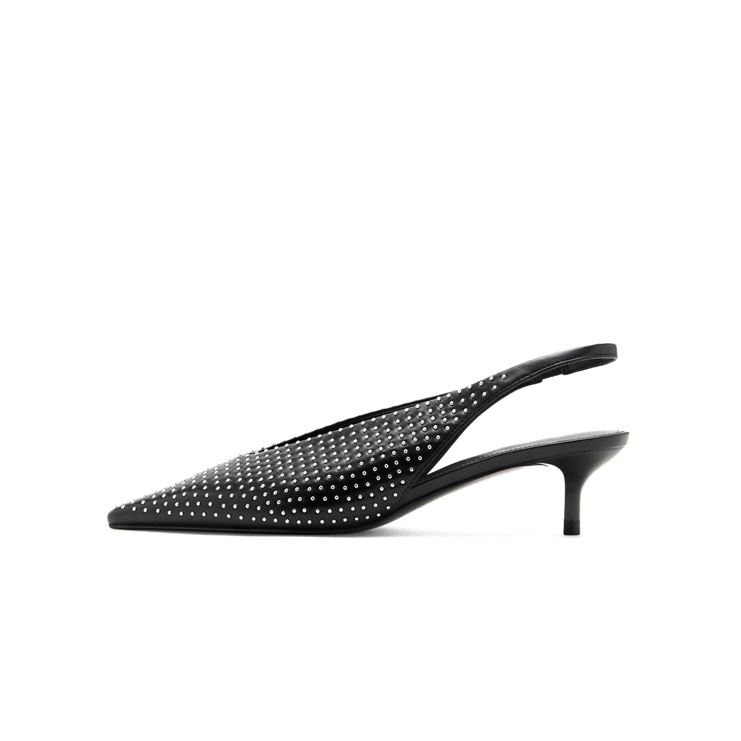 Black Pointed-Toe Full Little Studs And Slingback Kitten Heels