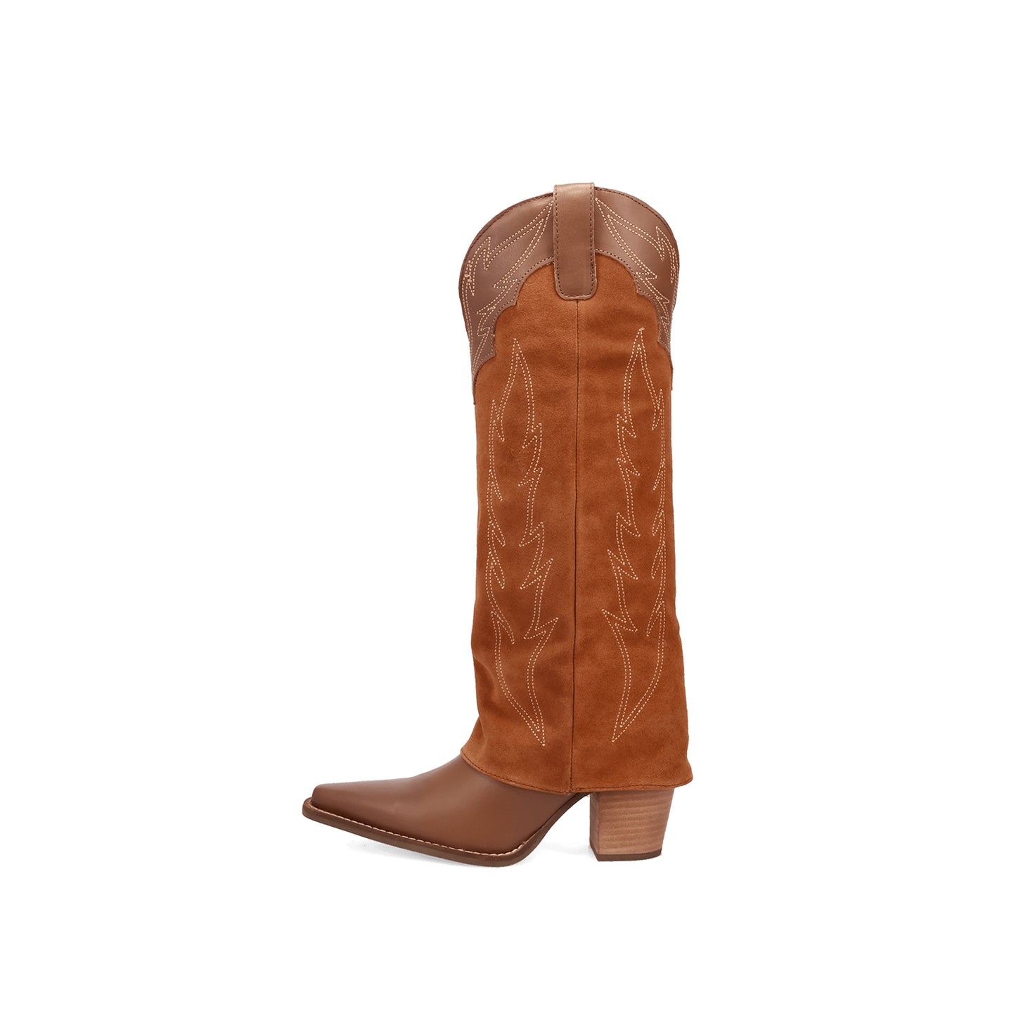 Brown Snip-Toe Faux Suede Fold-Over Embroidery Wide Calf Knee High Cowgirl Boots