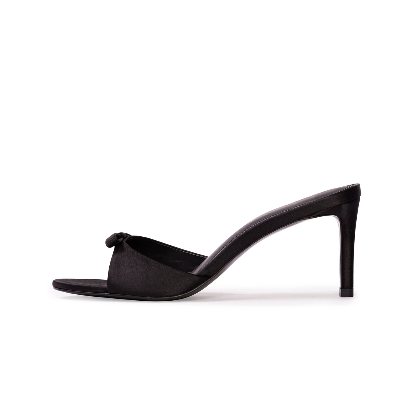 Black Satin Round-Toe Front-Bow Backless Kitten Heels