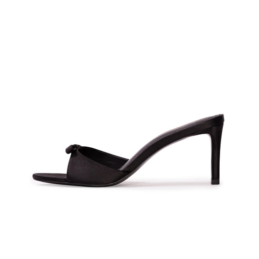 Black Satin Round-Toe Front-Bow Backless Kitten Heels