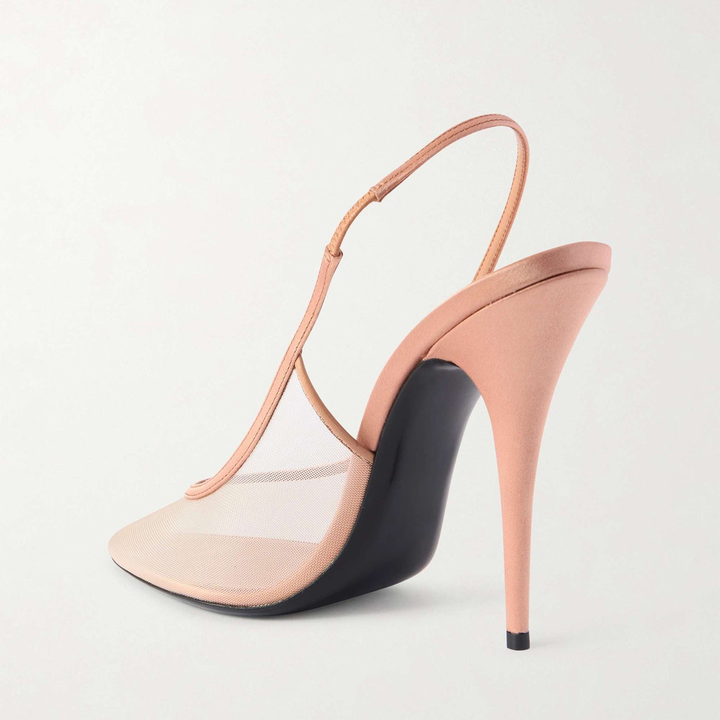 Beige Satin-Trimmed Mesh Pointed-Toe Slingback High Heels