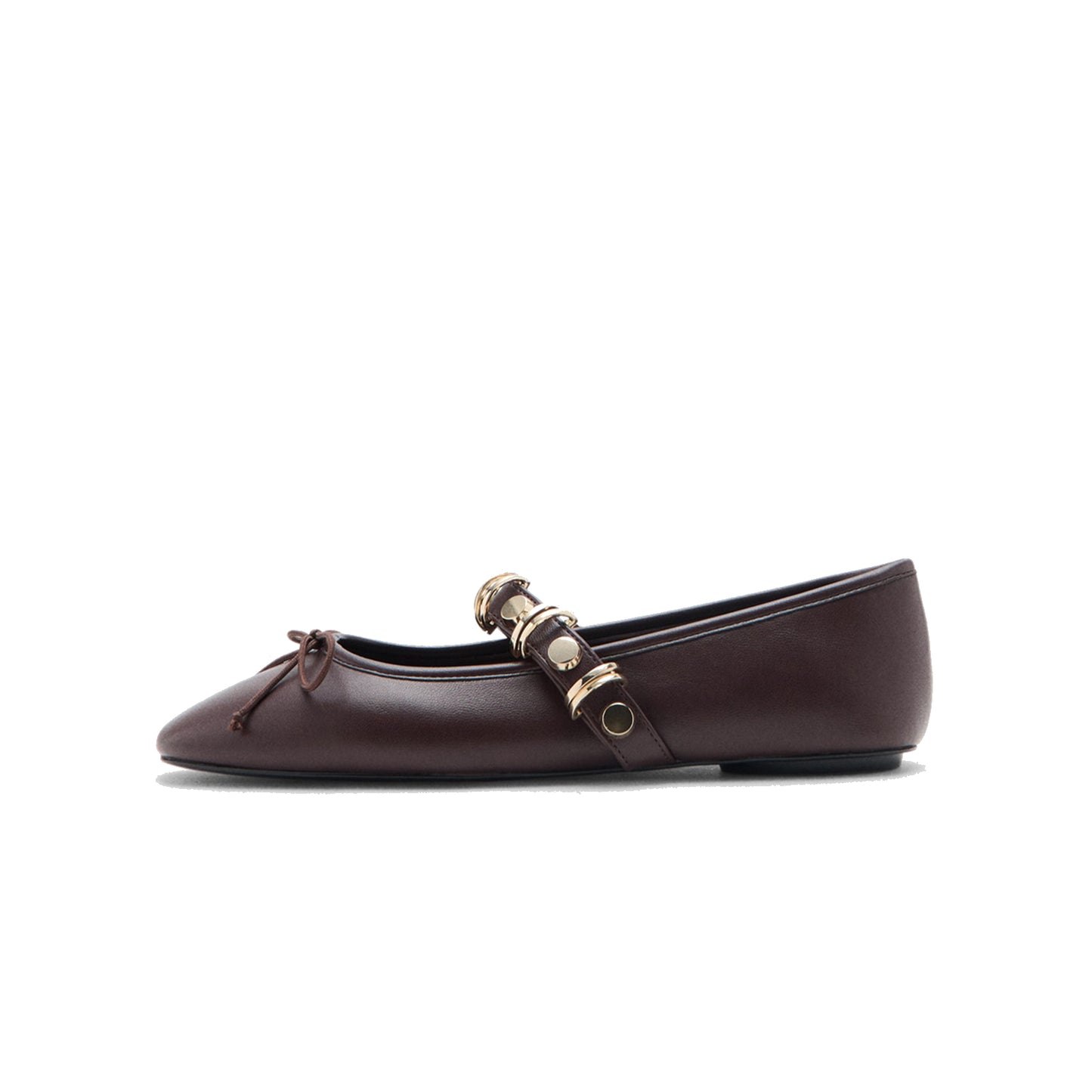 Burgundy Square-Toe Front Bow And Studded Mary Jane Ballet Flats