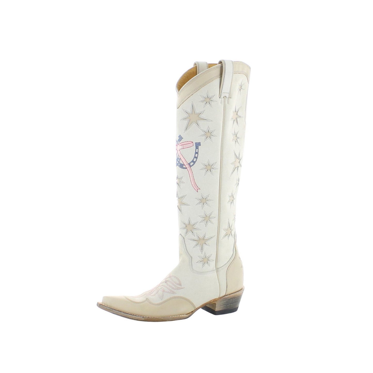 Contrast Cream And Bone Snip-Toe Stars Inlay Horseshoe And Bow Embroidery Half-Zip Knee High Cowgirl Boots