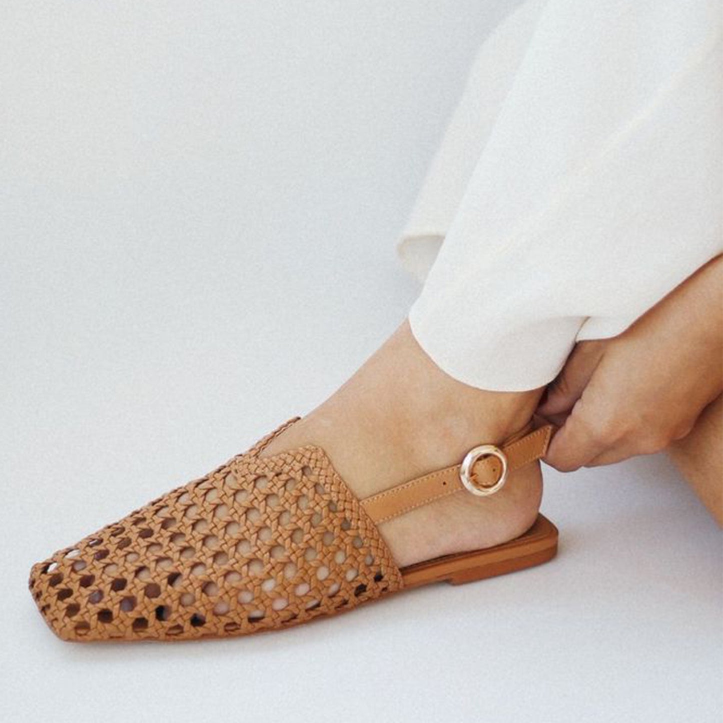 Ochre Woven Vegan Leather Square-Toe Buckle Slingback Flats