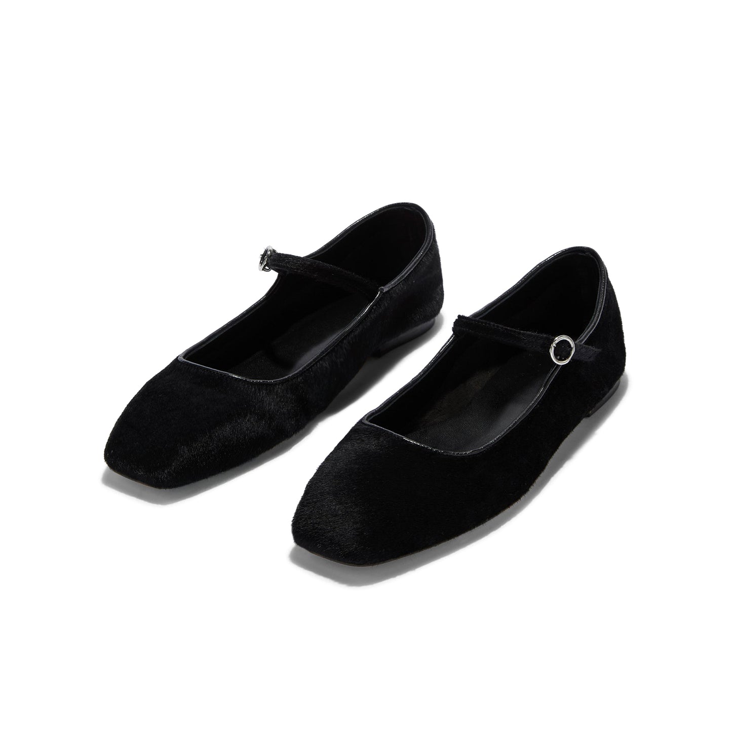 Black Pony Hair Vegan Leather Square-Toe Mary Jane Flats