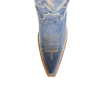 Blue Denim Snip-Toe Half-Zip Embroidery Knee High Cowgirl Boots