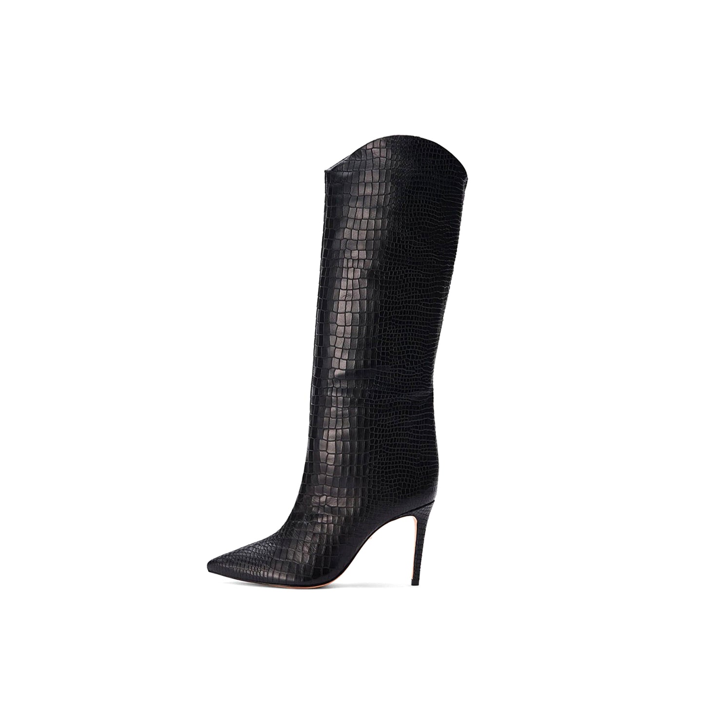 Black Crocodile Print Pointed-Toe Simple Wide Calf Knee High Stiletto Boots