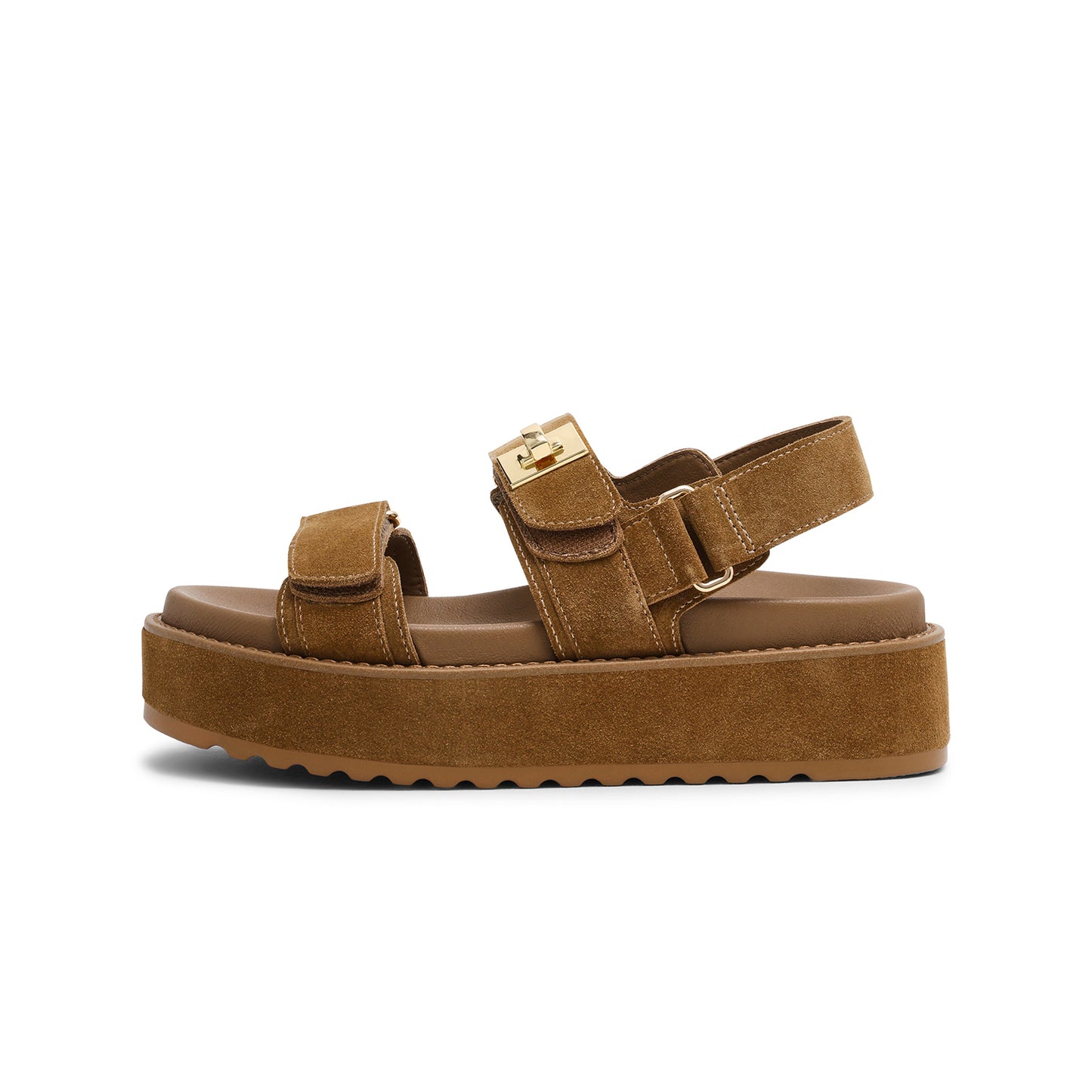 Tan Faux Suede Square-Toe Three Straps Sandals Flats