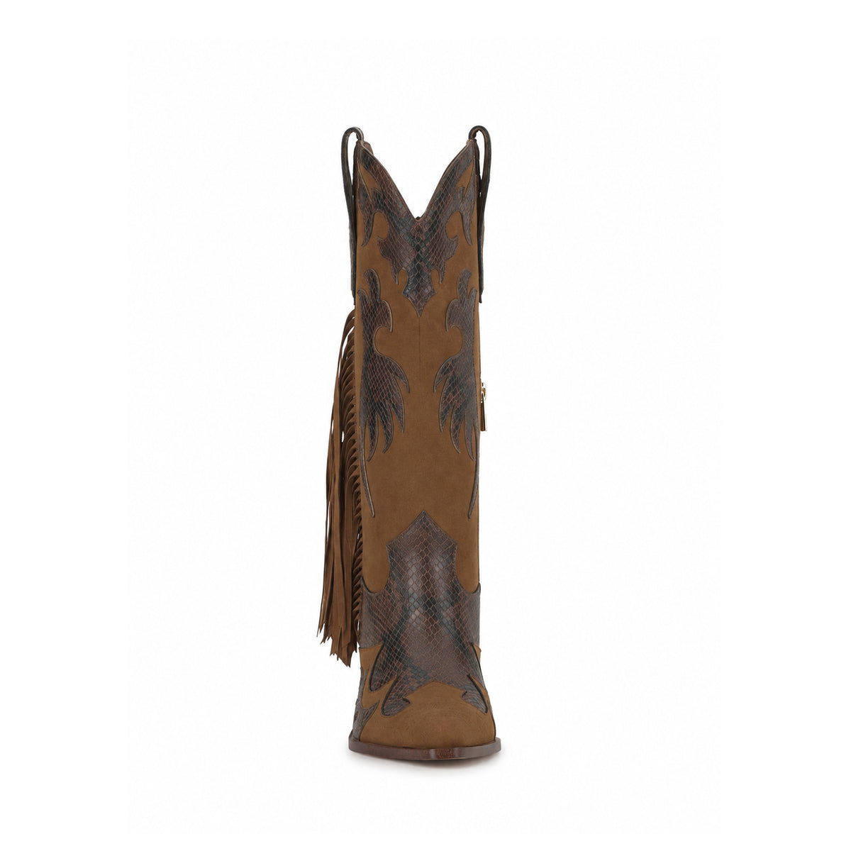 Brown And Snakeskin Pattern Almond-Toe Applique And Side Fringe Half-Zip Knee High Cowgirl Boots