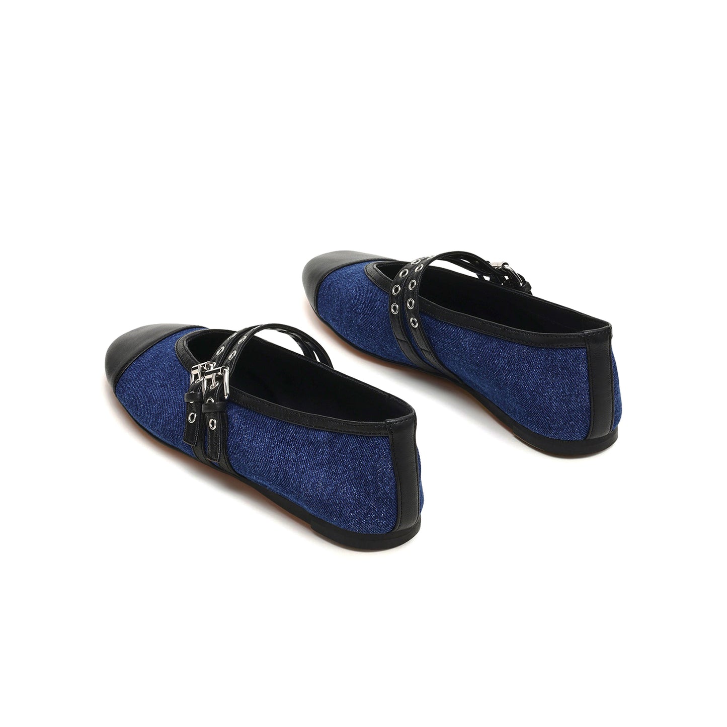 Blue Square-Toe Double Bridge Straps With Eyelets Classic Ballet Flats