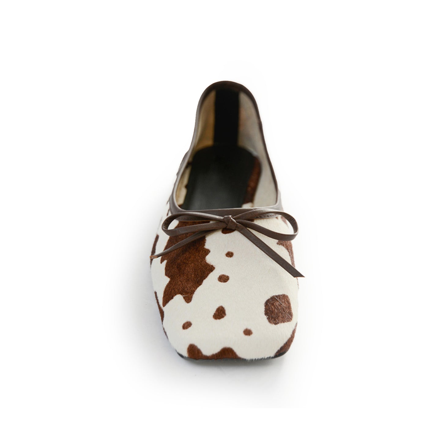Cow Print Pony Hair Vegan Leather Square-Toe Front Bow Chic Ballet Flats