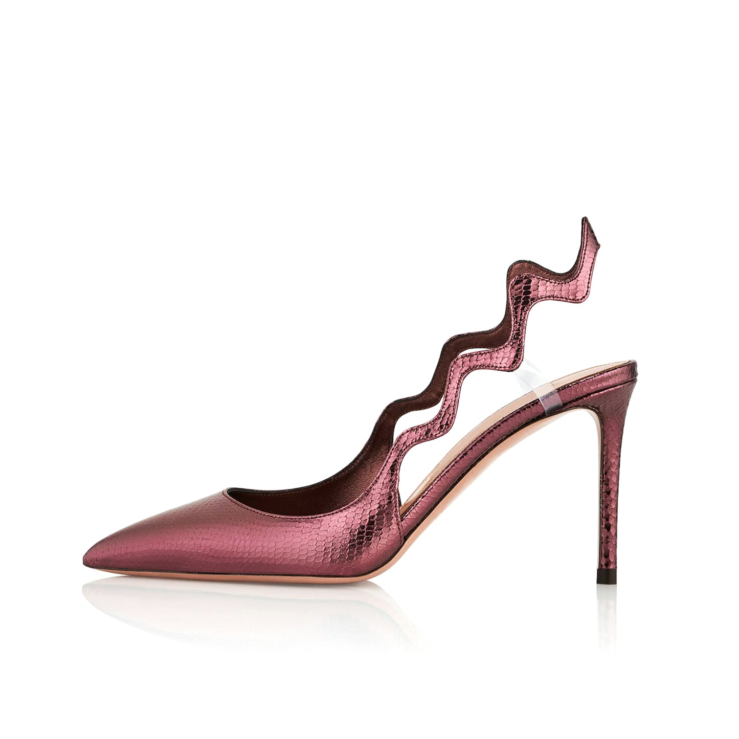 Metallic Wine Red Snakeskin Pointed-Toe Undulating Slingback High Heels