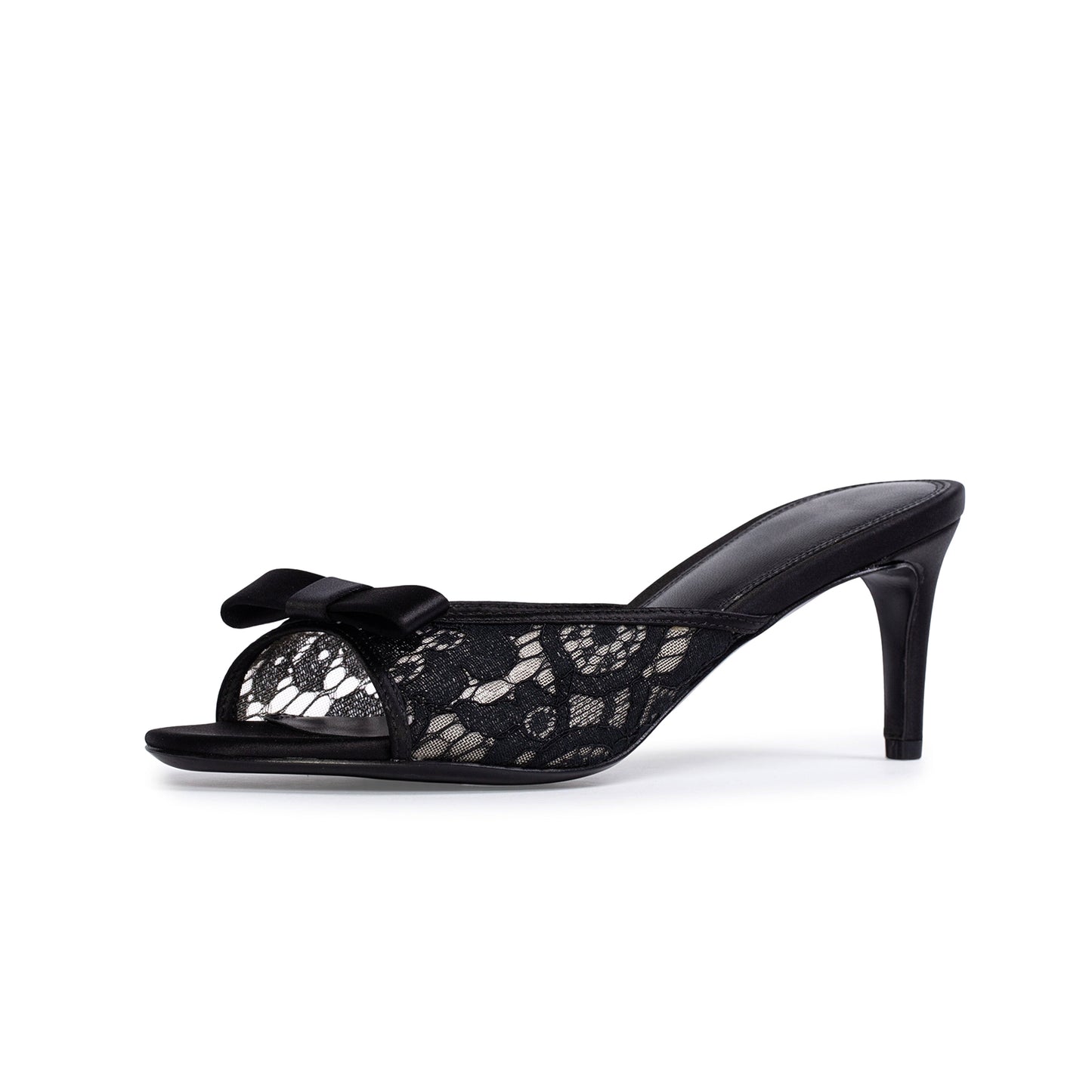 Black Lace Satin Round-Toe Front Bow Backless High Heels