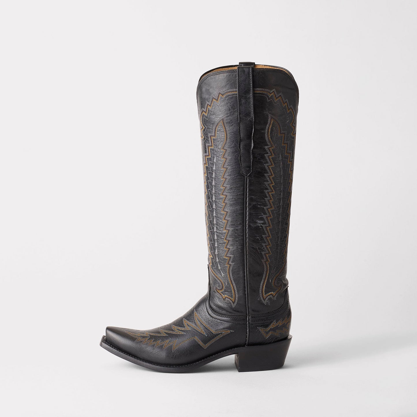 Black Snip-Toe Western Embroidery Wide Calf Chic Knee High Cowgirl Boots