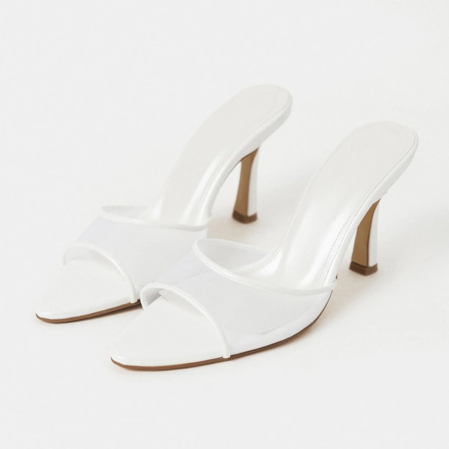 White Mesh And Vegan Leather Pointed-Toe Backless Simple Pumps High Heels
