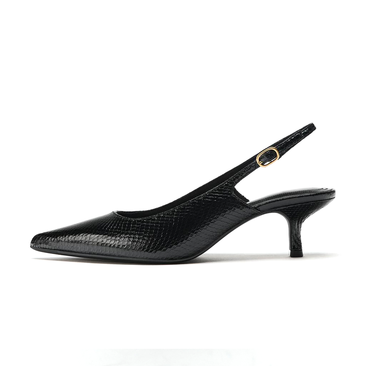 Black Snakeskin Pattern Vegan Leather Pointed-Toe Buckle Back Strap Classic Kitten Heels