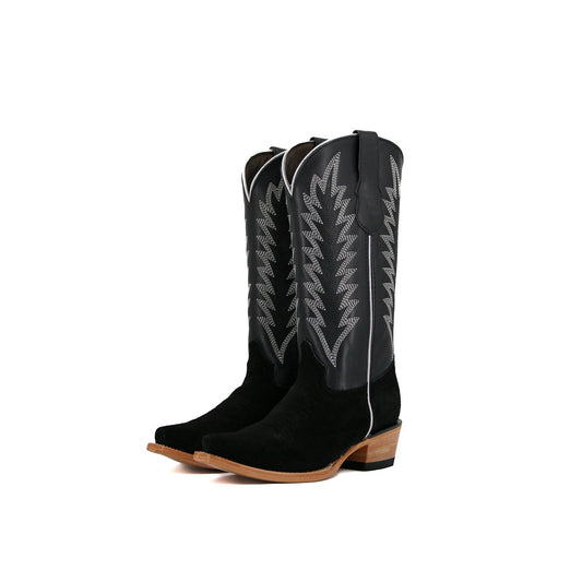 Black Contrast Vegan Leather And Faux Suede Snip-Toe Embroidery Mid Calf Cowgirl Boots