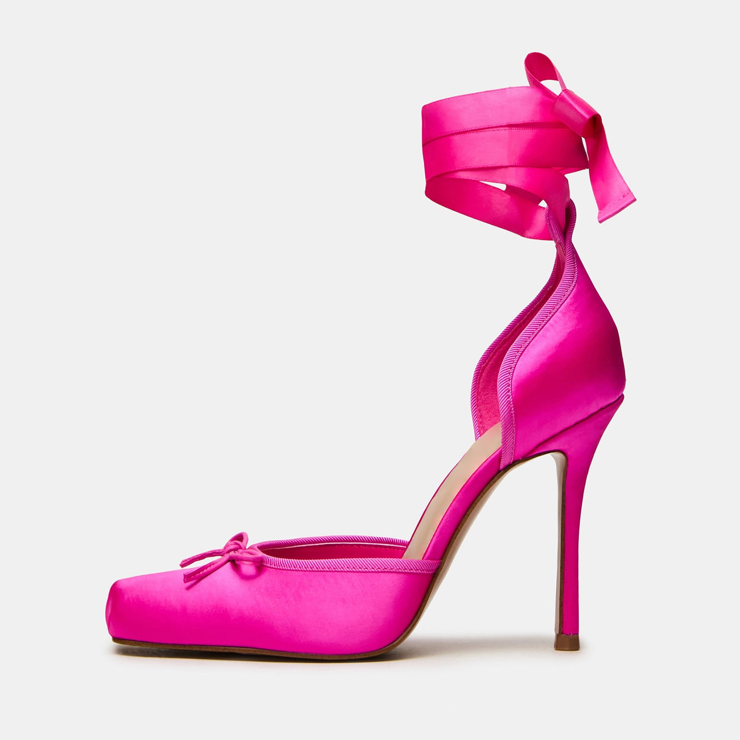 Hot Pink Satin Square-Toe Front Bow Ankle Strap Slip-On High Heels