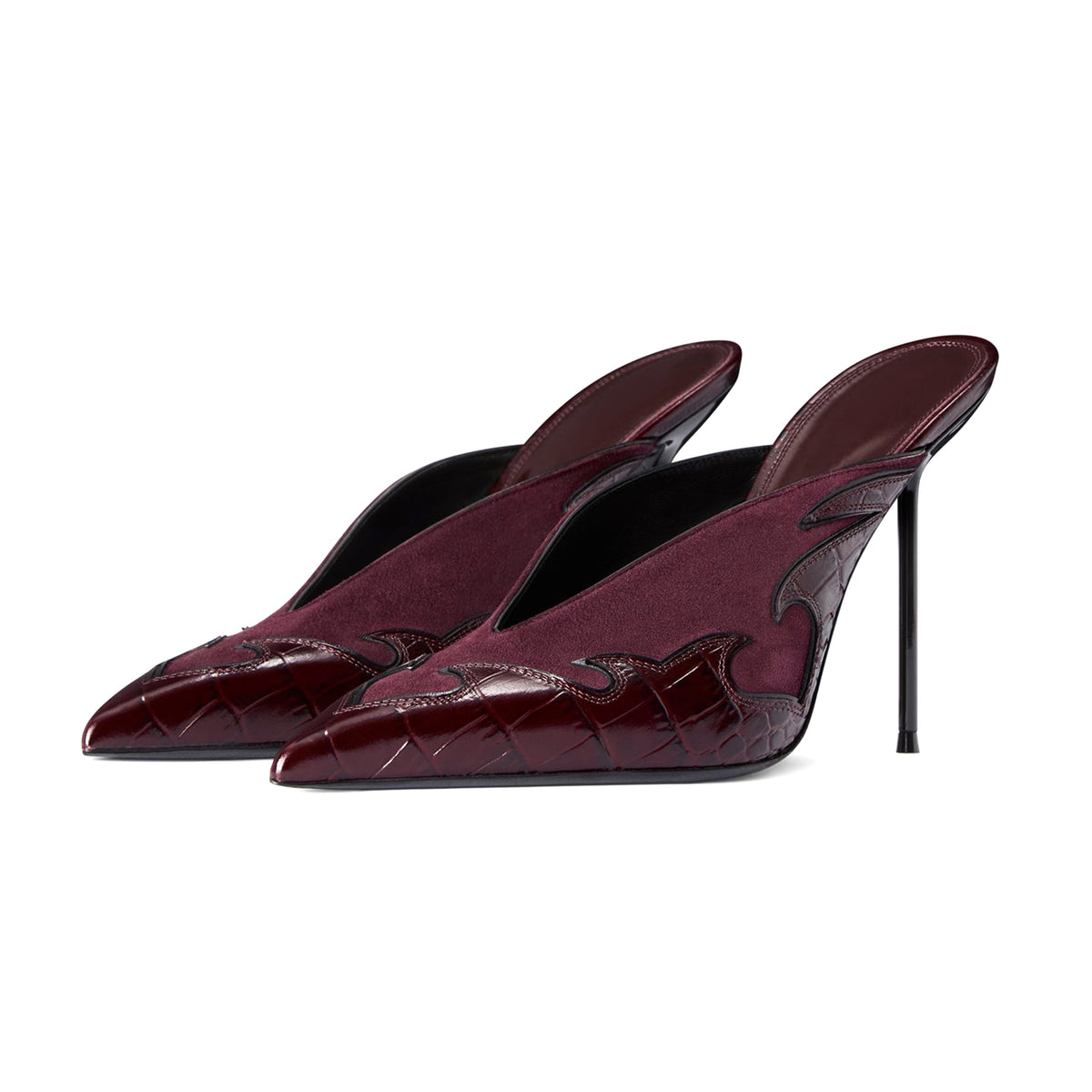 Burgundy Faux Suede And Crocodile Pattern Pointed-Toe Backless Slip-On High Heels