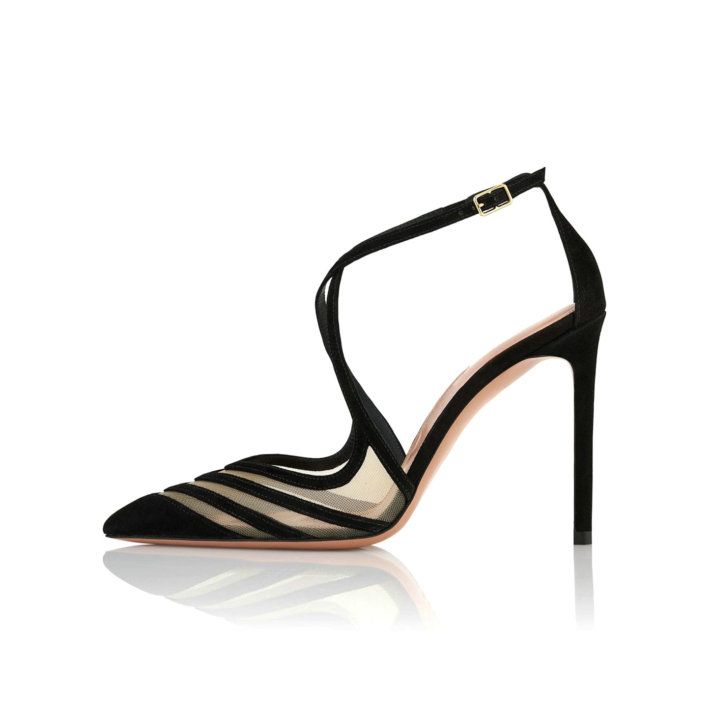 Black Contrast Mesh And Faux Suede Pointed-Toe Crossed Straps High Heels