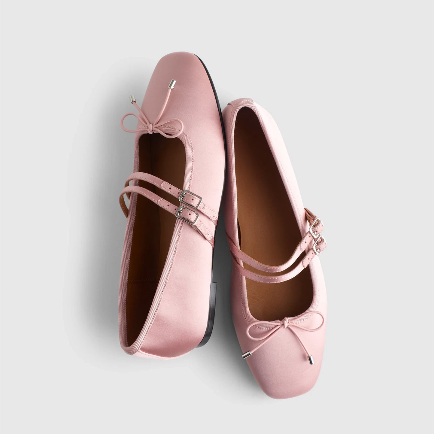 Blush Pink Satin Square-Toe Double Bridge Strap Front Bow Ballet Flats