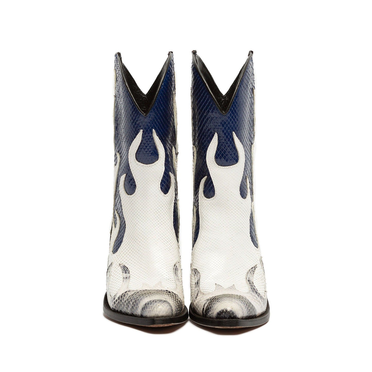 Contrast Colors Snakeskin Print Pointed-Toe Flame Appliques Ankle Cowgirl Boots