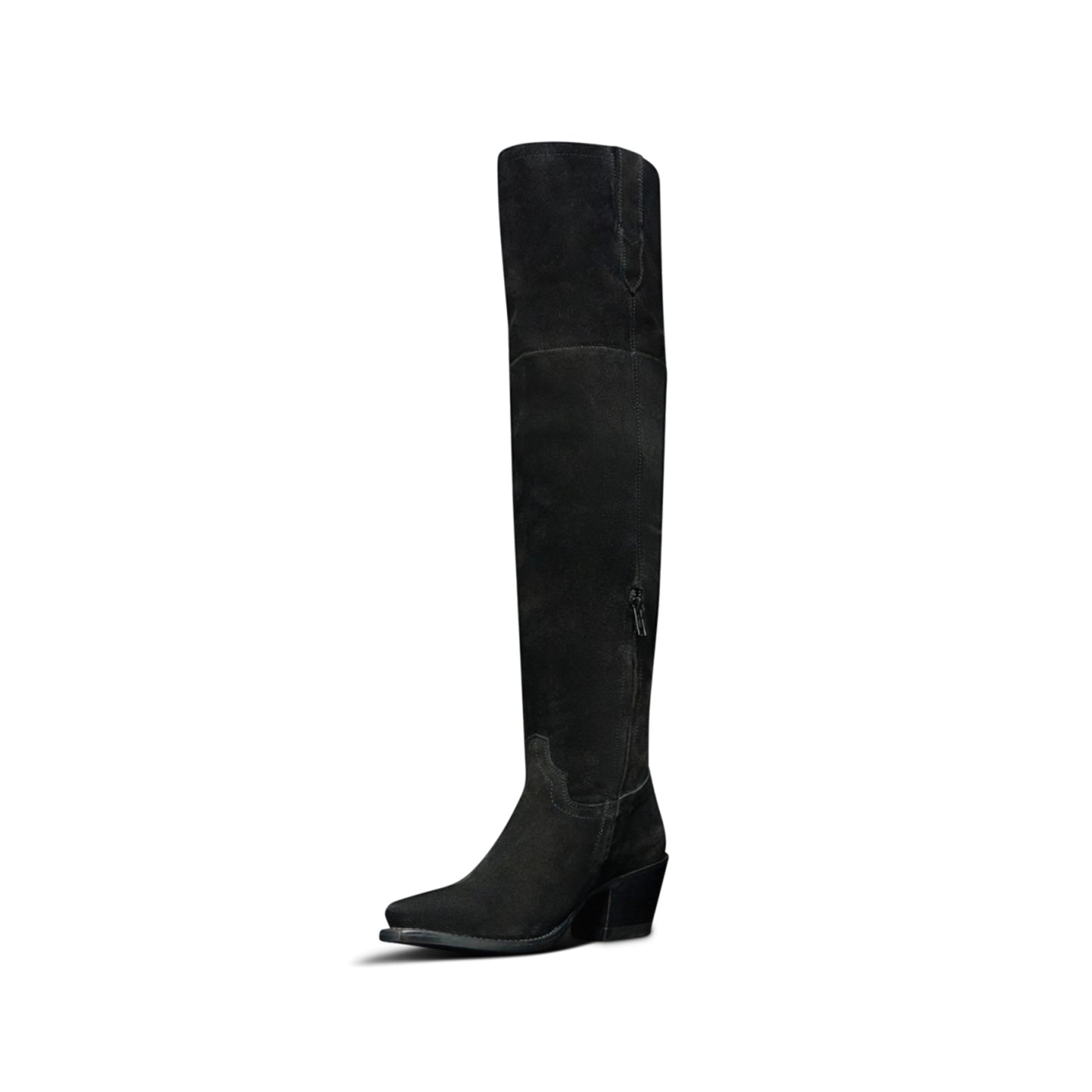 Black Faux Suede Snip-Toe Half-Zip Over-The-Knee Cowgirl Boots